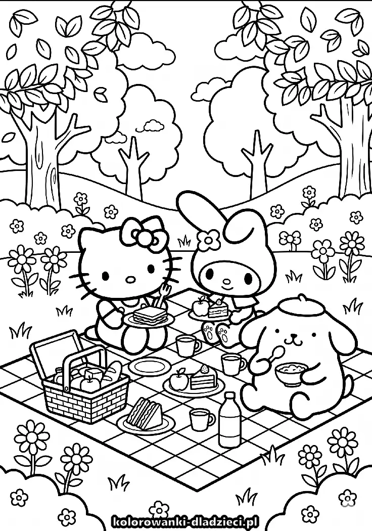 Rysunek do kolorowania z motywem hello kitty dla małych fanów dinozaurów