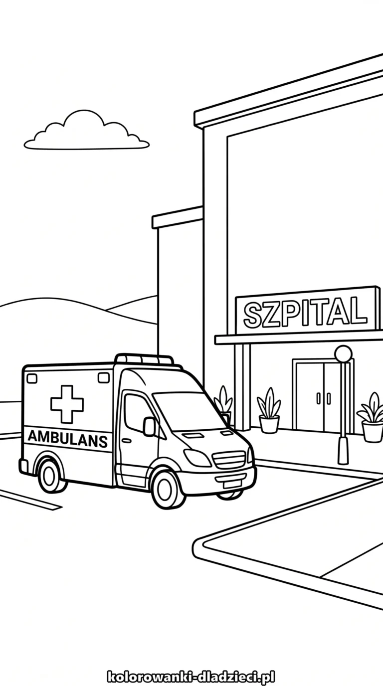 Kolorowanka dla dzieci przedstawiająca ambulans dla dzieci do druku