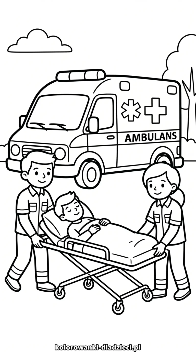Obrazek do kolorowania przedstawiająca ambulans dla dzieci