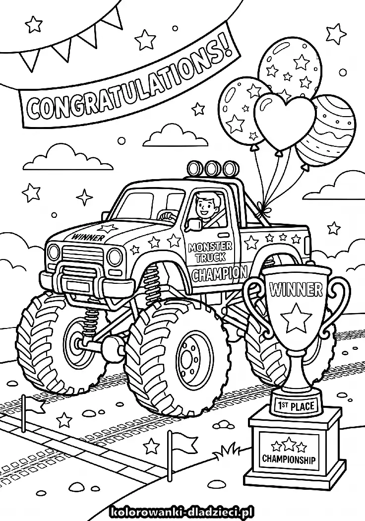 Czarno-biała kolorowanka monster truck na kartkę A4