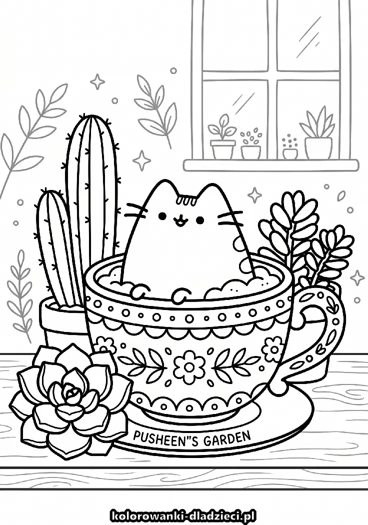 Wydruk kolorowanki przedstawiająca pusheen na spokojną zabawę